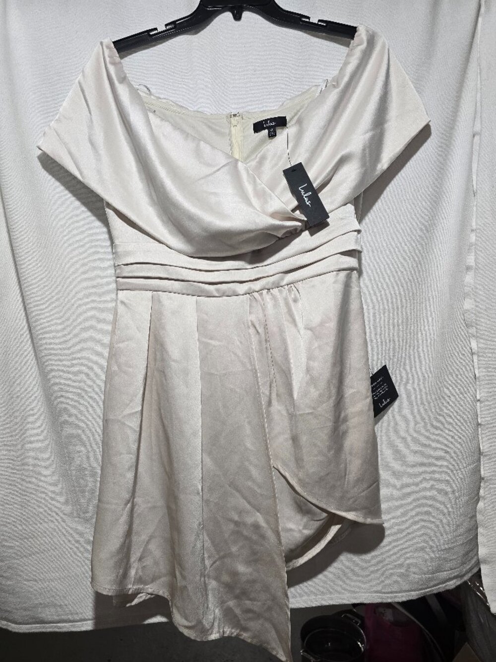 Lulus Champagne Satin Off-the-Shoulder Asymmetric Mini Dress Size XL NWT
